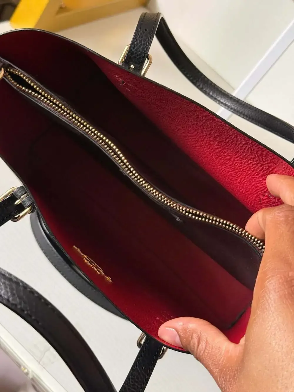 Coach Mollie Tote 25 In Black Leather With True Red Interior